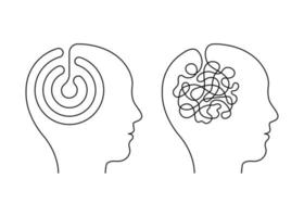 Head mind people with scheme and confused thinking brain, continuous line. Disorder, chaos, confusion and order, mental balance, calm in thoughts. Logic and creative thinking. Vector illustration