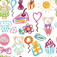 Seamless children drawing. Colored wax crayons. Icons, signs, symbols, pins vector