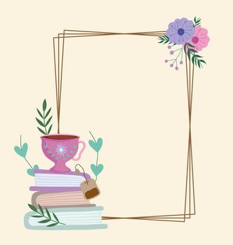 Tea time cute cup on books flowers leaves frame decoration vector