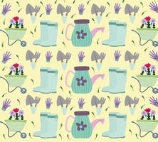 Gardening, wheelbarrow with flowers watering can leaves background vector