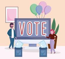 Votación en línea de hombre y mujer y caja con boletas electorales vector