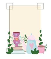 Tea time cute kettle cups on books flowers leaves frame decoration vector