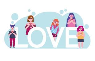 diversidad grupo de mujeres y letras personaje de dibujos animados amor propio vector