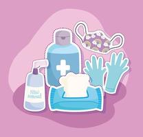 new normal lifestyle, disinfectant kit tissue paper gloves mask and disinfectant spray cartoon style vector