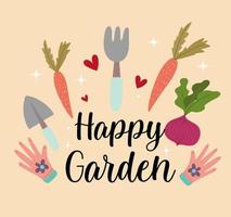 Gardening carrots rake shovel gloves beetroot, happy garden lettering vector