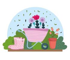 Gardening, wheelbarrow with flowers pot boots bushes nature vector