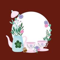 la hora del té, tetera y tazas bolsita de té flores plantas y hierbas