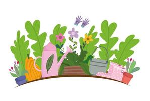 Gardening, flowers plants leaves pumpkin pots watering can and plastic boots vector