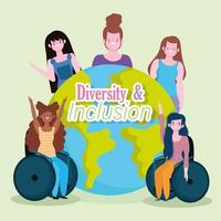 diverse modern girls together and disabled girl sitting in a wheelchair, inclusion vector