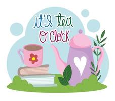 la hora del té, taza de tetera en libros hierba flor hojas dibujos animados