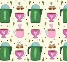 la hora del té teteras tazas de té bolsitas de té bebida adorable fondo vector