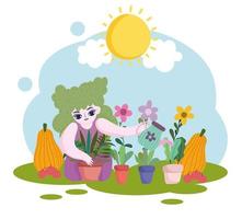 Gardening, girl holds watering can plants pumpkin and apples vector