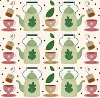 la hora del té teteras tazas de té bolsitas de té bebida herbal hojas antecedentes vector