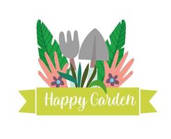 Gardening gloves rake shovel leaves, happy garden lettering vector