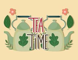 la hora del té, teteras verdes, hojas de flores y letras escritas a mano