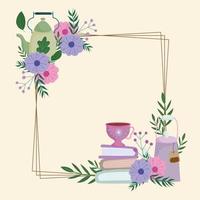 la hora del té, lindas tazas de tetera, libros, flores y hojas, decoración del marco vector