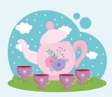 la hora del té, tetera decorativa floral y tazas de paisajismo