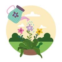 Gardening watering can sprays water to flowers in pot vector