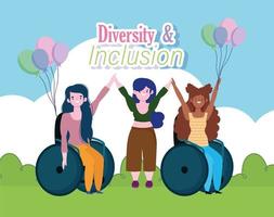 disabled girls sitting in a wheelchair and fat girl in the park, inclusion vector