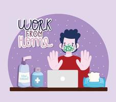 new normal lifestyle, work from home, boy with mask laptop and hand sanitizer cartoon style vector