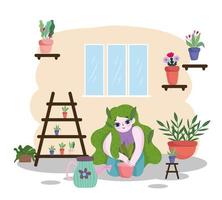 jardinería, niña con cabello verde plantando en maceta vector