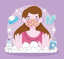 new normal lifestyle, woman with mask gloves tissue paper alcohol sanitizer, covid 19 protection vector