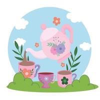 la hora del té, hervidor de agua vertiendo en tazas bebida fresca, flores foral y naturaleza de la hierba