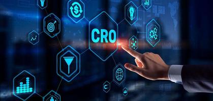 Conversion Rate Optimization. CRO Technology Finance concept Businessman pressing on a virtual screen photo