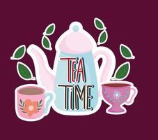 La hora del té tetera y tazas hojas menta naturaleza a base de hierbas vector