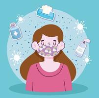 new normal lifestyle, girl with mask alcohol bottle and tissue paper cartoon style vector