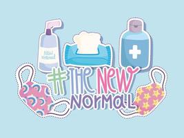 new normal lifestyle, cartoon disinfectant spray bottle alcohol tissue paper and masks style vector