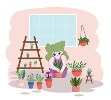 Gardening, young woman taking care of houseplants growing in pots vector