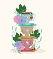 la hora del té, pila decorativa de tazas y platillo planta herbácea naturaleza vector