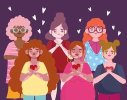 grupo de mujeres diverso con corazones personaje de dibujos animados amor propio vector