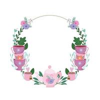 la hora del té, guirnalda floral tazas decoración flores y hojas