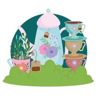 Tea time cute kettle cups dishes teabag flowers and leaves nature vector