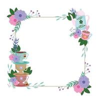 Tea time, decorative border with cups and flowers leaves plants vector