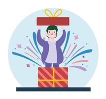 boy inside gift box party celebration cartoon vector