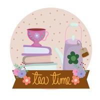 Tea time, kettle teabag cup on stack of books, floral decoration vector