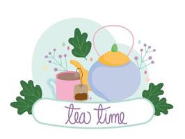 la hora del té tetera y taza de plantas frescas naturales
