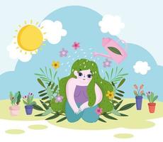 Gardening, watering can sprays water to green hair girl, plants flowers and foliage vector