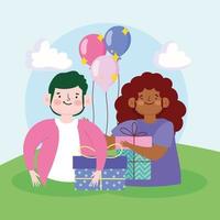 niño y niña con regalos y globos de dibujos animados de celebración vector