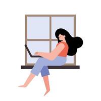 young woman with laptop working vector