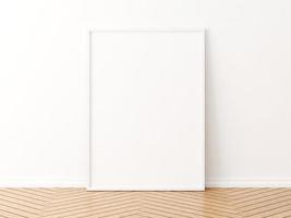 maqueta de marco vertical blanco en el piso de madera. Representación 3D. foto