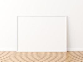 White horizontal frame mockup on the wooden floor. 3d rendering. photo