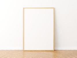 maqueta de marco de madera vertical en el piso de madera. Representación 3D. foto