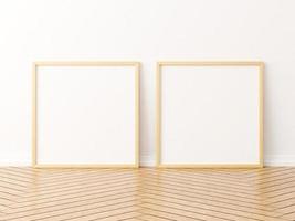 maqueta de dos marcos de madera cuadrados en el piso de madera. Representación 3D. foto