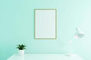 Vertical wooden poster frame mockup on work table in living room interior on empty white color wall background. 3D rendering. photo