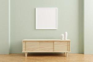 White square poster frame mockup on wooden table in living room interior on empty pastel color wall background. 3D rendering.