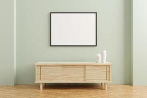 Maqueta de marco de póster horizontal negro sobre mesa de madera en el interior de la sala de estar sobre fondo de pared de color pastel vacío. Representación 3D.